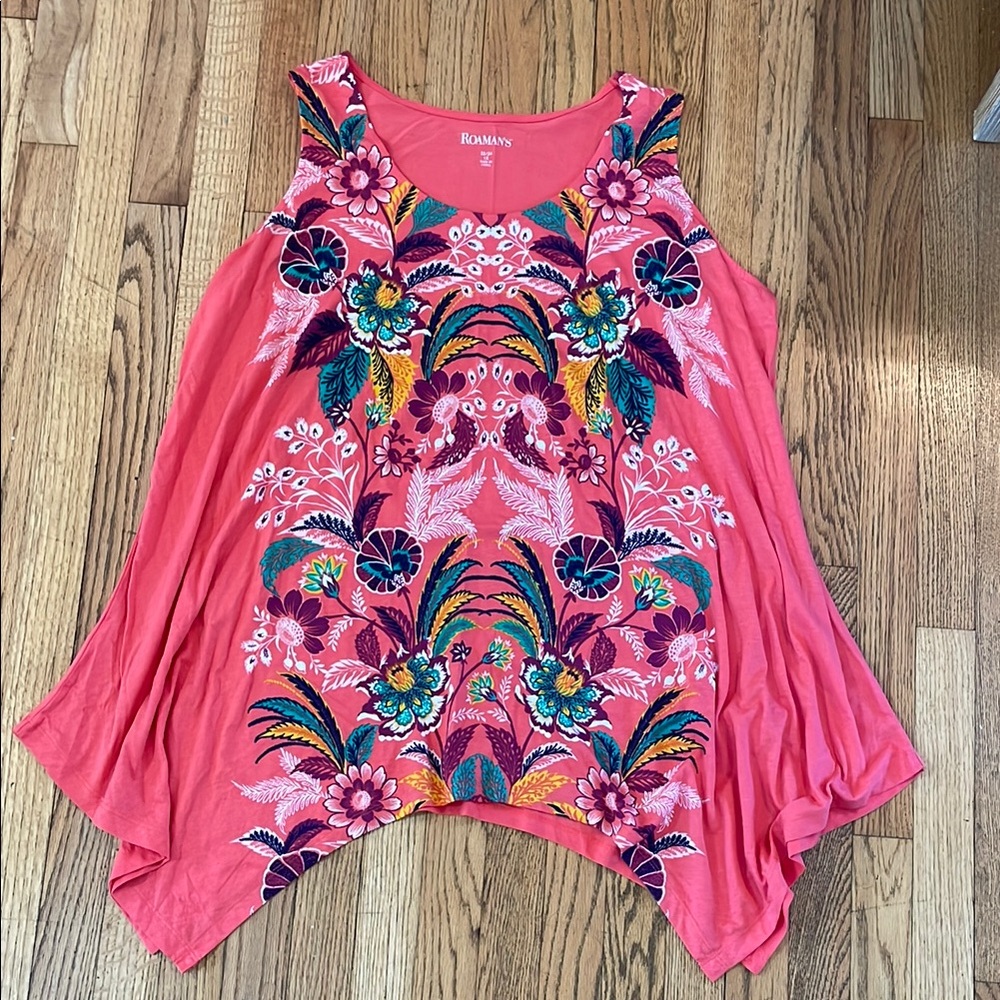 Roaman's Pink and Blue Asymmetrical Graphic Tank Top